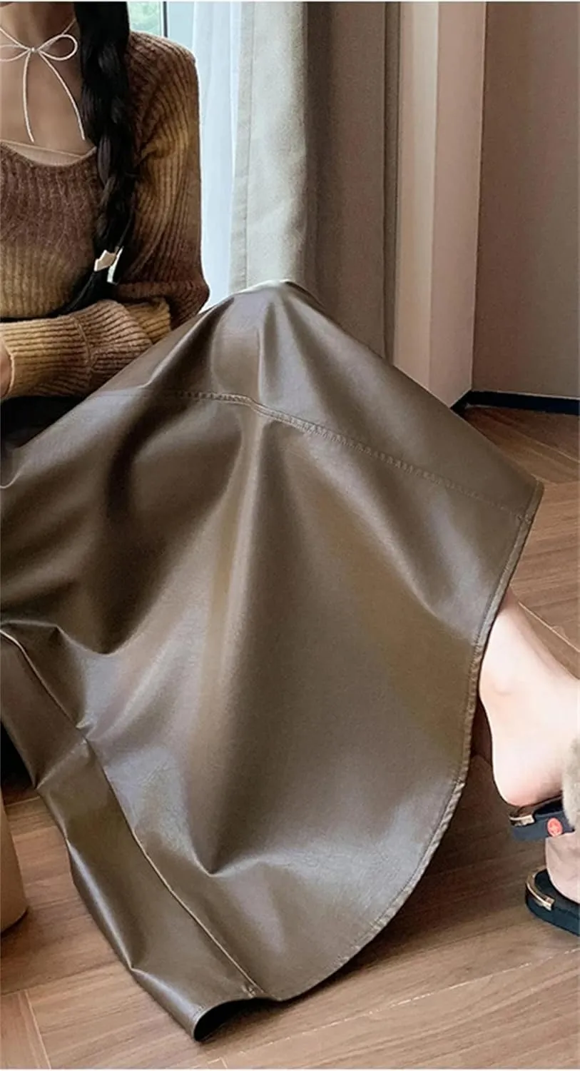 Women's Retro PU High Waist A-Line Skirts Fashion Basic Solid Color Casual Faux Leather Midi Skirt