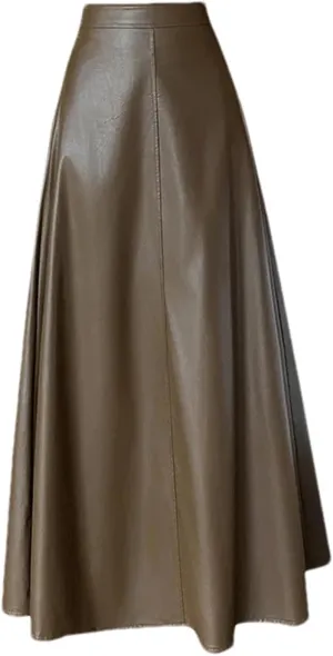 Women's Retro PU High Waist A-Line Skirts Fashion Basic Solid Color Casual Faux Leather Midi Skirt