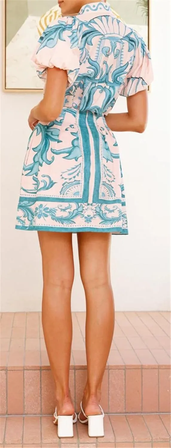 Womens Sexy 2 Pieces Printed Puff Sleeve Button T-Shirts Tops Bodycon Skirts Party Clubwear Vacation Dress Set