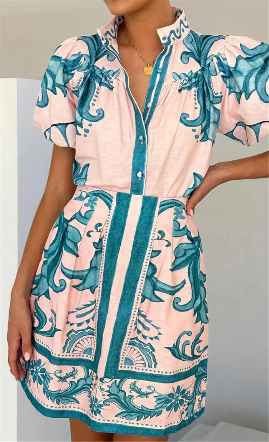 Womens Sexy 2 Pieces Printed Puff Sleeve Button T-Shirts Tops Bodycon Skirts Party Clubwear Vacation Dress Set