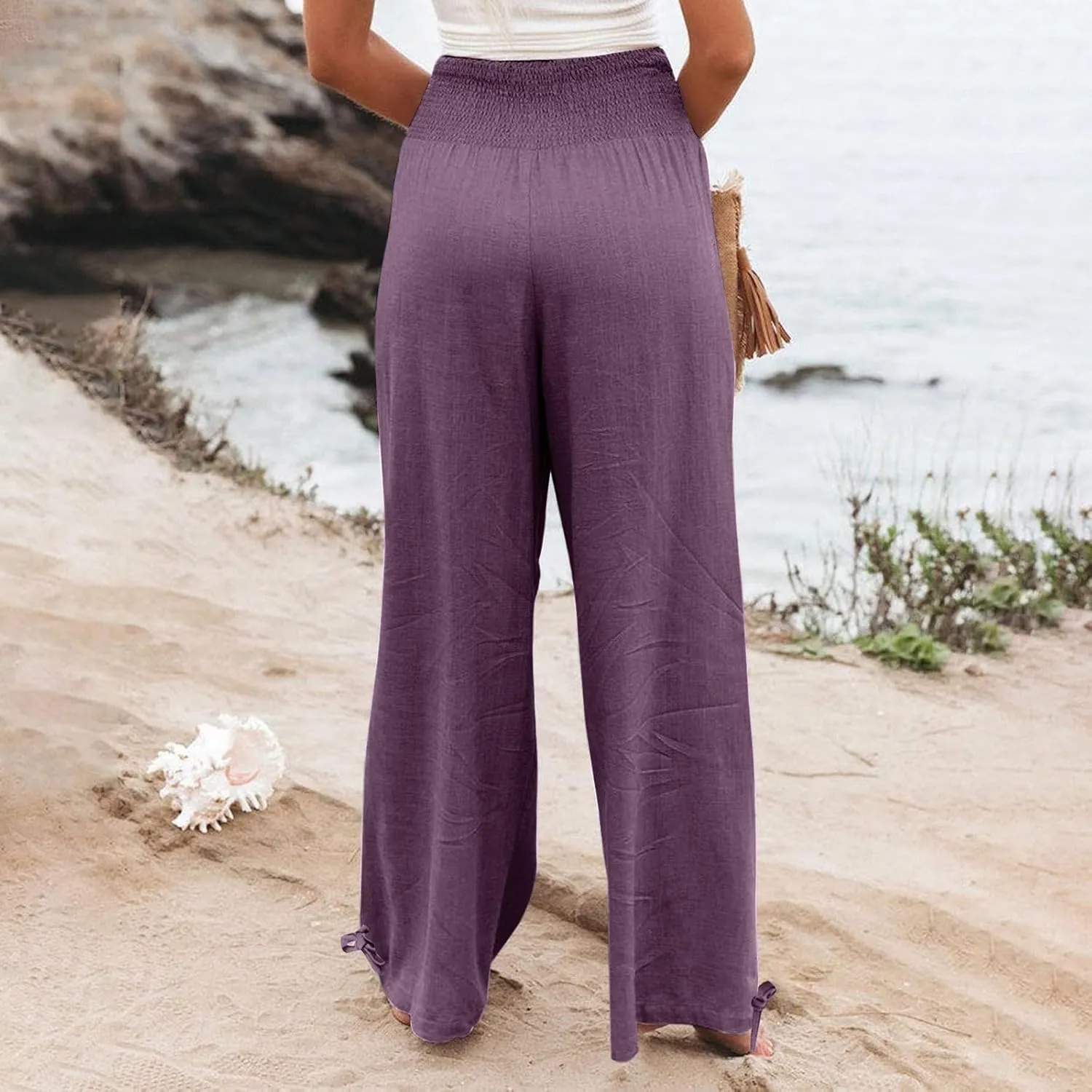 Womens Smocked High Waisted Linen Pants 2025 Casual Loose Wide Leg Palazzo Pants Flowy Beach Trousers with Pockets