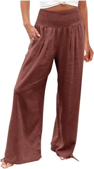 Womens Smocked High Waisted Linen Pants 2025 Casual Loose Wide Leg Palazzo Pants Flowy Beach Trousers with Pockets