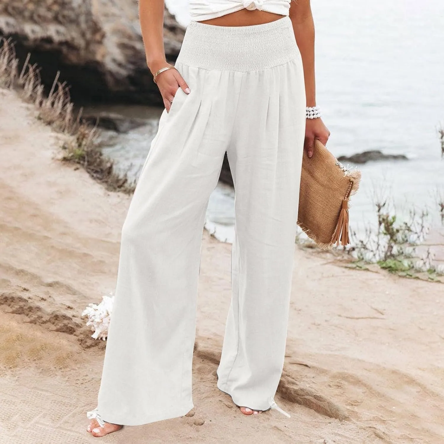 Womens Smocked High Waisted Linen Pants 2025 Casual Loose Wide Leg Palazzo Pants Flowy Beach Trousers with Pockets