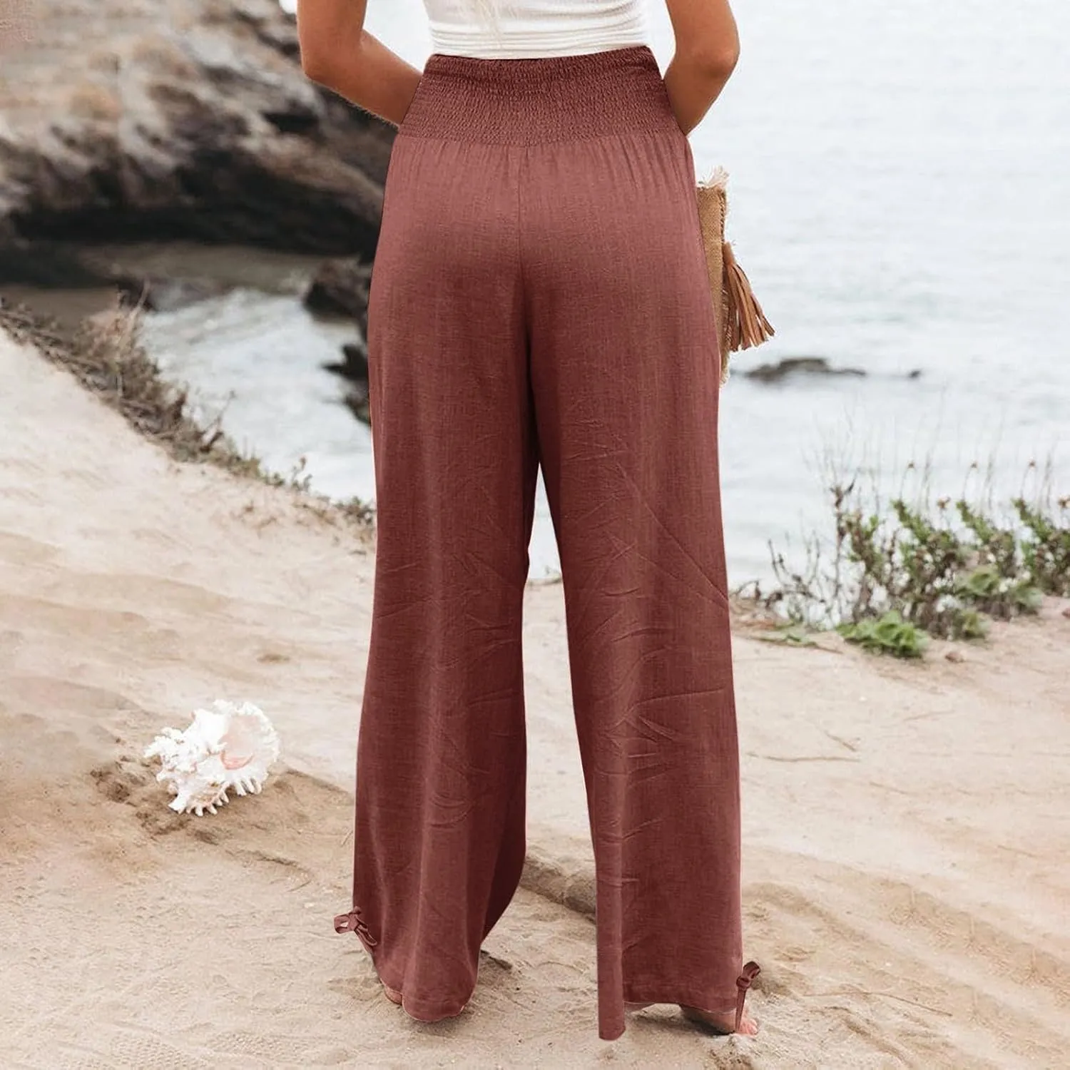 Womens Smocked High Waisted Linen Pants 2025 Casual Loose Wide Leg Palazzo Pants Flowy Beach Trousers with Pockets