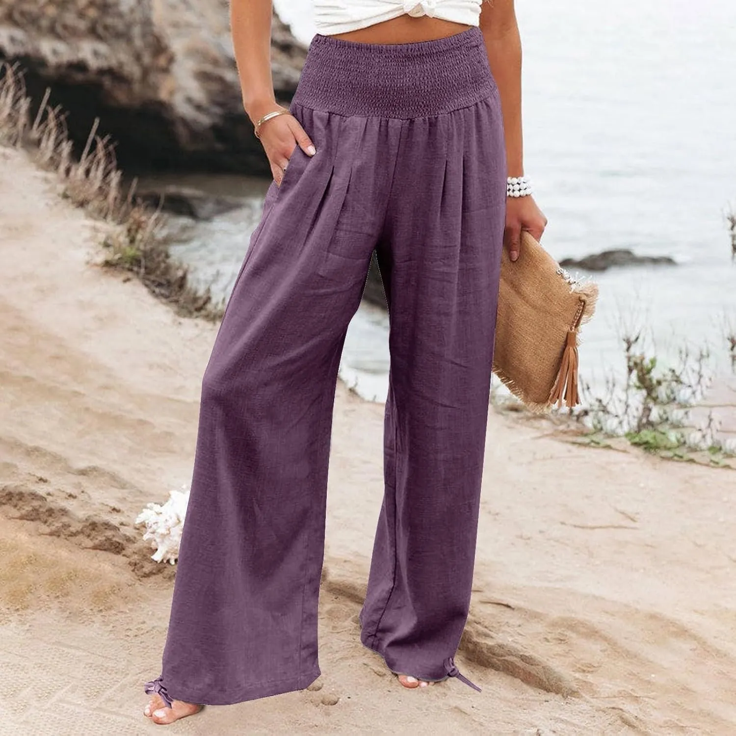 Womens Smocked High Waisted Linen Pants 2025 Casual Loose Wide Leg Palazzo Pants Flowy Beach Trousers with Pockets