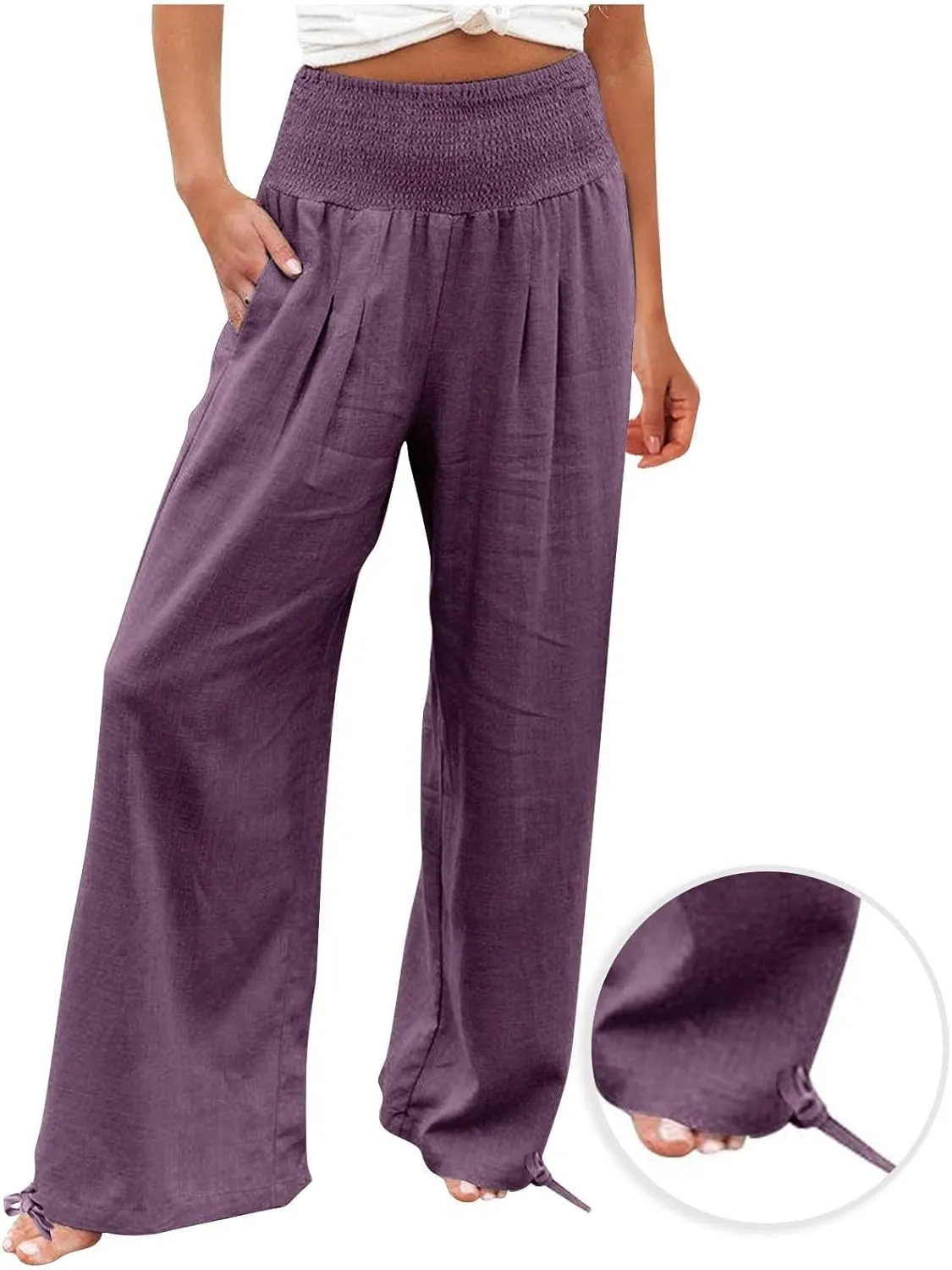 Womens Smocked High Waisted Linen Pants 2025 Casual Loose Wide Leg Palazzo Pants Flowy Beach Trousers with Pockets