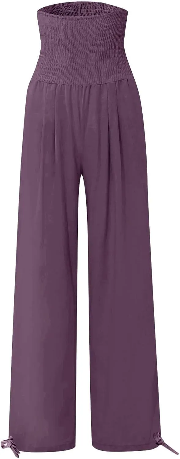 Womens Smocked High Waisted Linen Pants 2025 Casual Loose Wide Leg Palazzo Pants Flowy Beach Trousers with Pockets