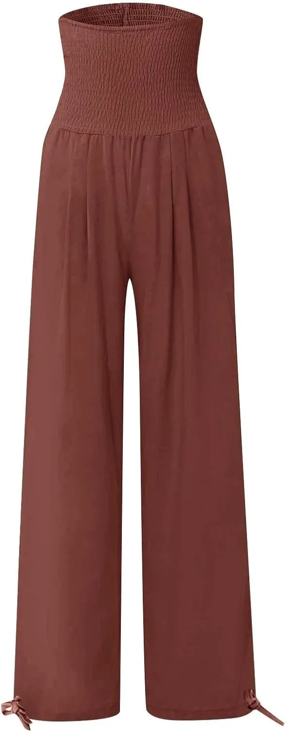Womens Smocked High Waisted Linen Pants 2025 Casual Loose Wide Leg Palazzo Pants Flowy Beach Trousers with Pockets