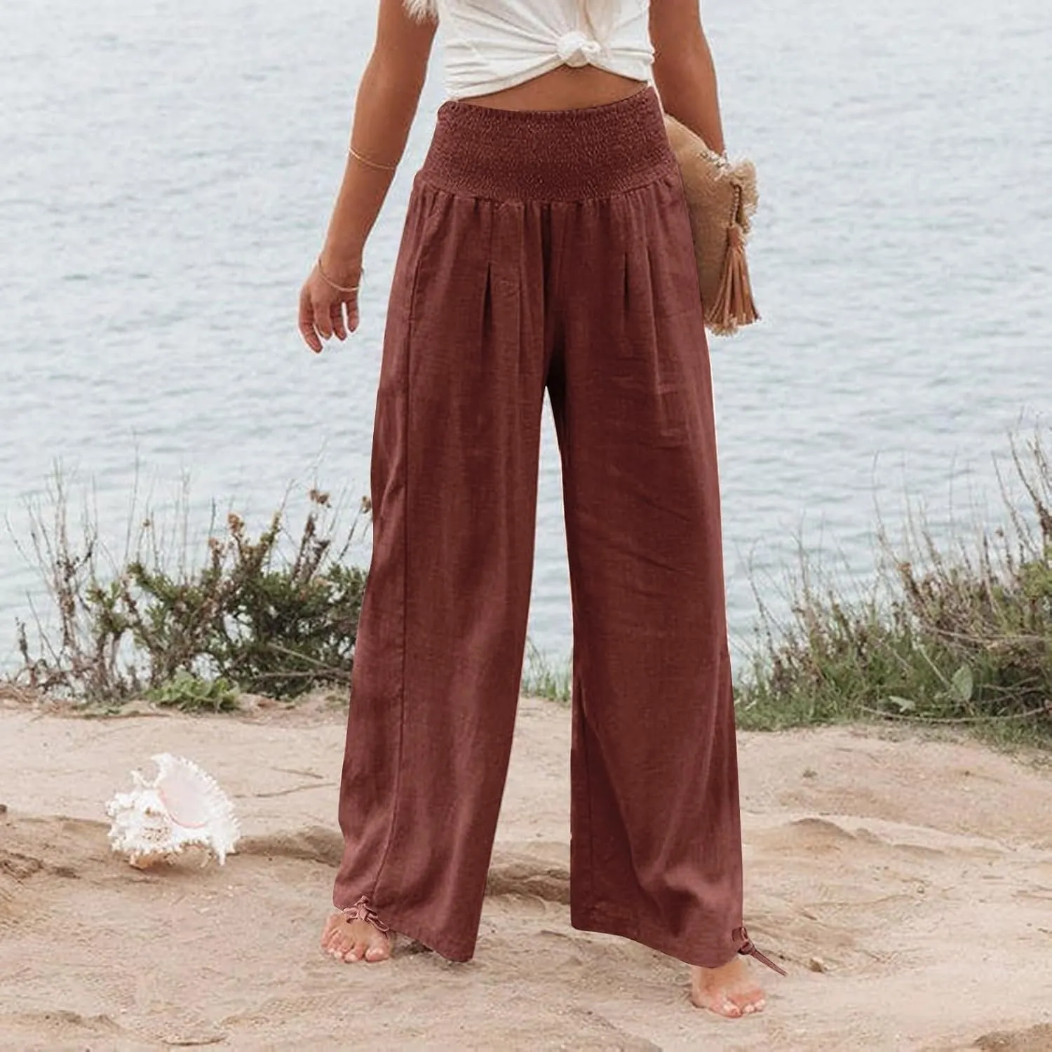 Womens Smocked High Waisted Linen Pants 2025 Casual Loose Wide Leg Palazzo Pants Flowy Beach Trousers with Pockets