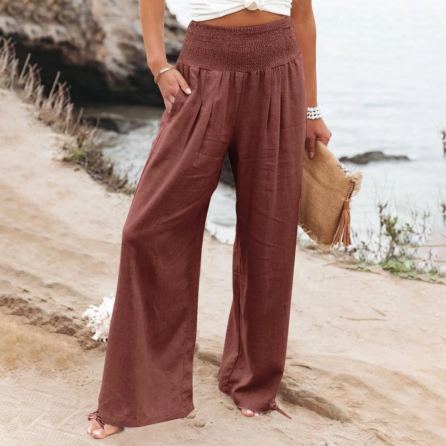 Womens Smocked High Waisted Linen Pants 2025 Casual Loose Wide Leg Palazzo Pants Flowy Beach Trousers with Pockets
