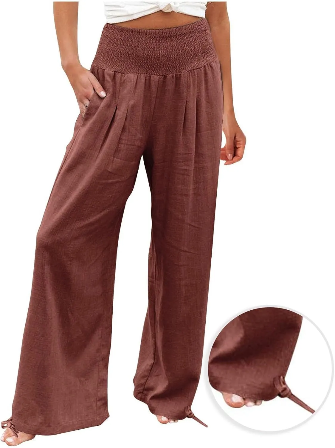 Womens Smocked High Waisted Linen Pants 2025 Casual Loose Wide Leg Palazzo Pants Flowy Beach Trousers with Pockets