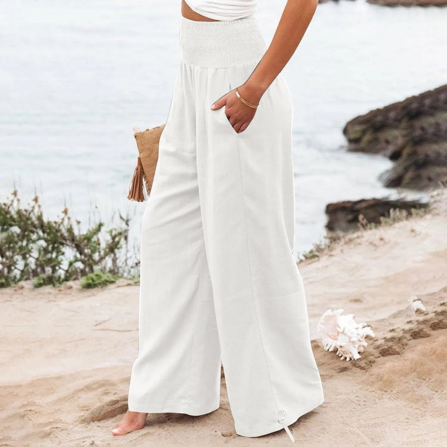 Womens Smocked High Waisted Linen Pants 2025 Casual Loose Wide Leg Palazzo Pants Flowy Beach Trousers with Pockets