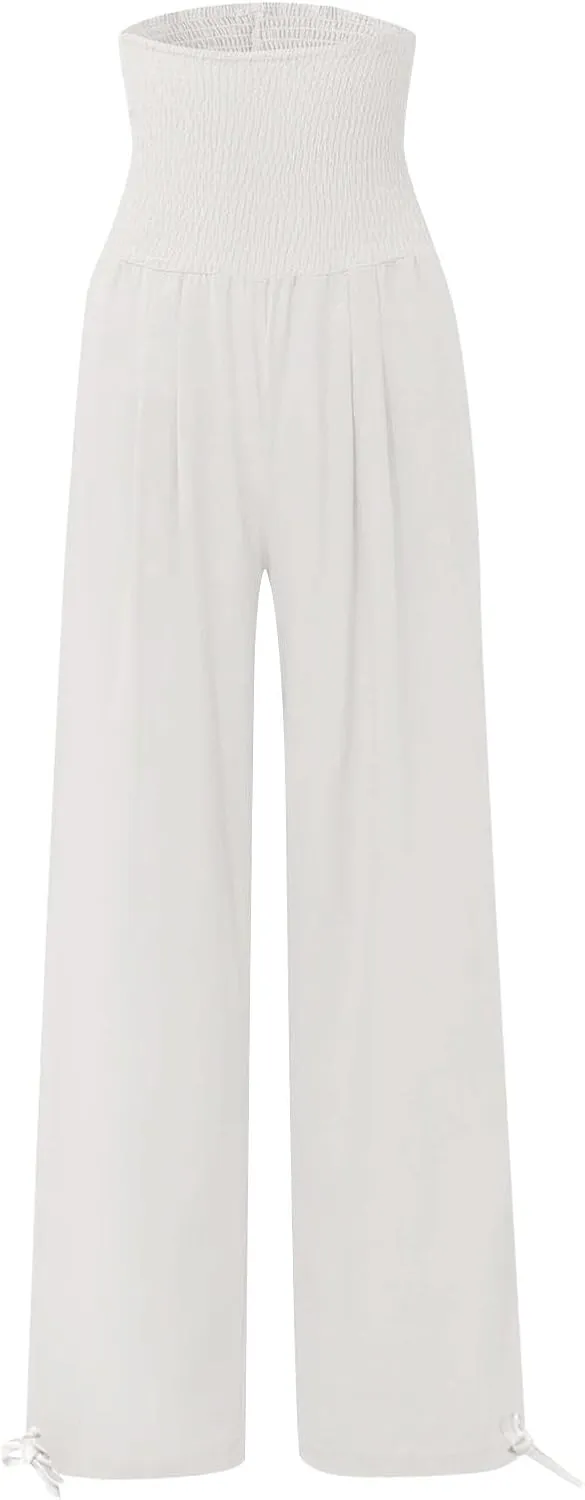 Womens Smocked High Waisted Linen Pants 2025 Casual Loose Wide Leg Palazzo Pants Flowy Beach Trousers with Pockets