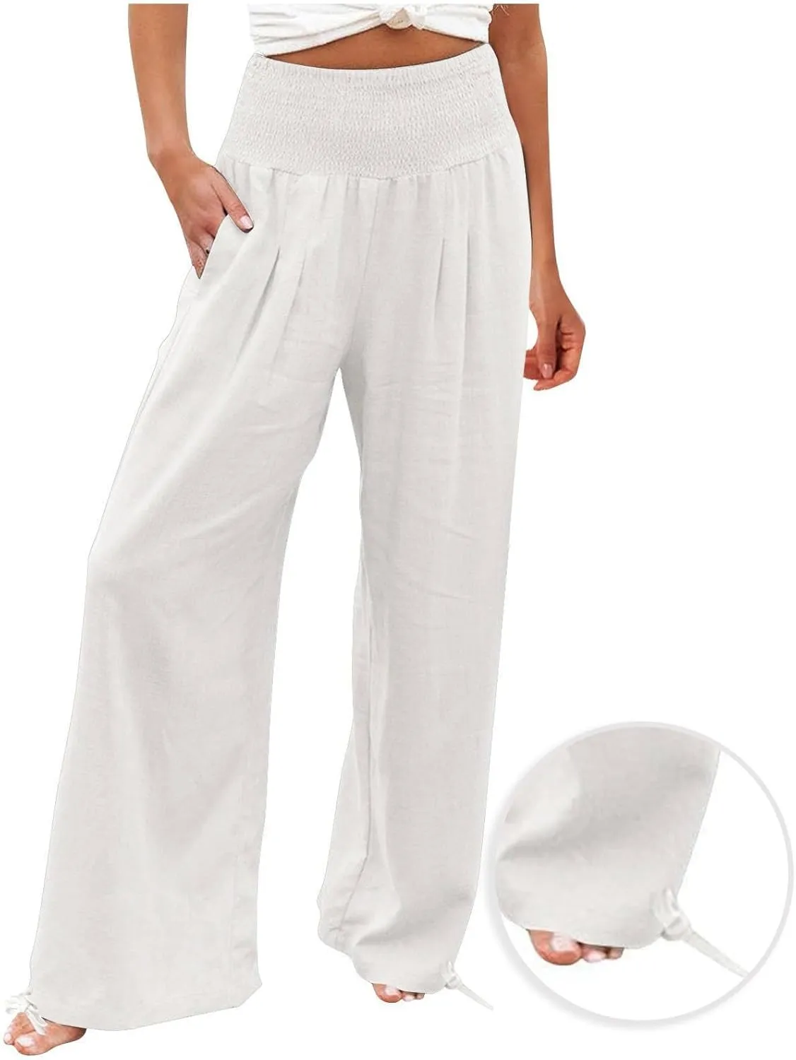 Womens Smocked High Waisted Linen Pants 2025 Casual Loose Wide Leg Palazzo Pants Flowy Beach Trousers with Pockets