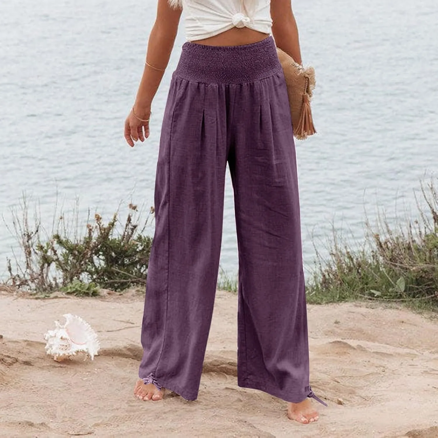 Womens Smocked High Waisted Linen Pants 2025 Casual Loose Wide Leg Palazzo Pants Flowy Beach Trousers with Pockets