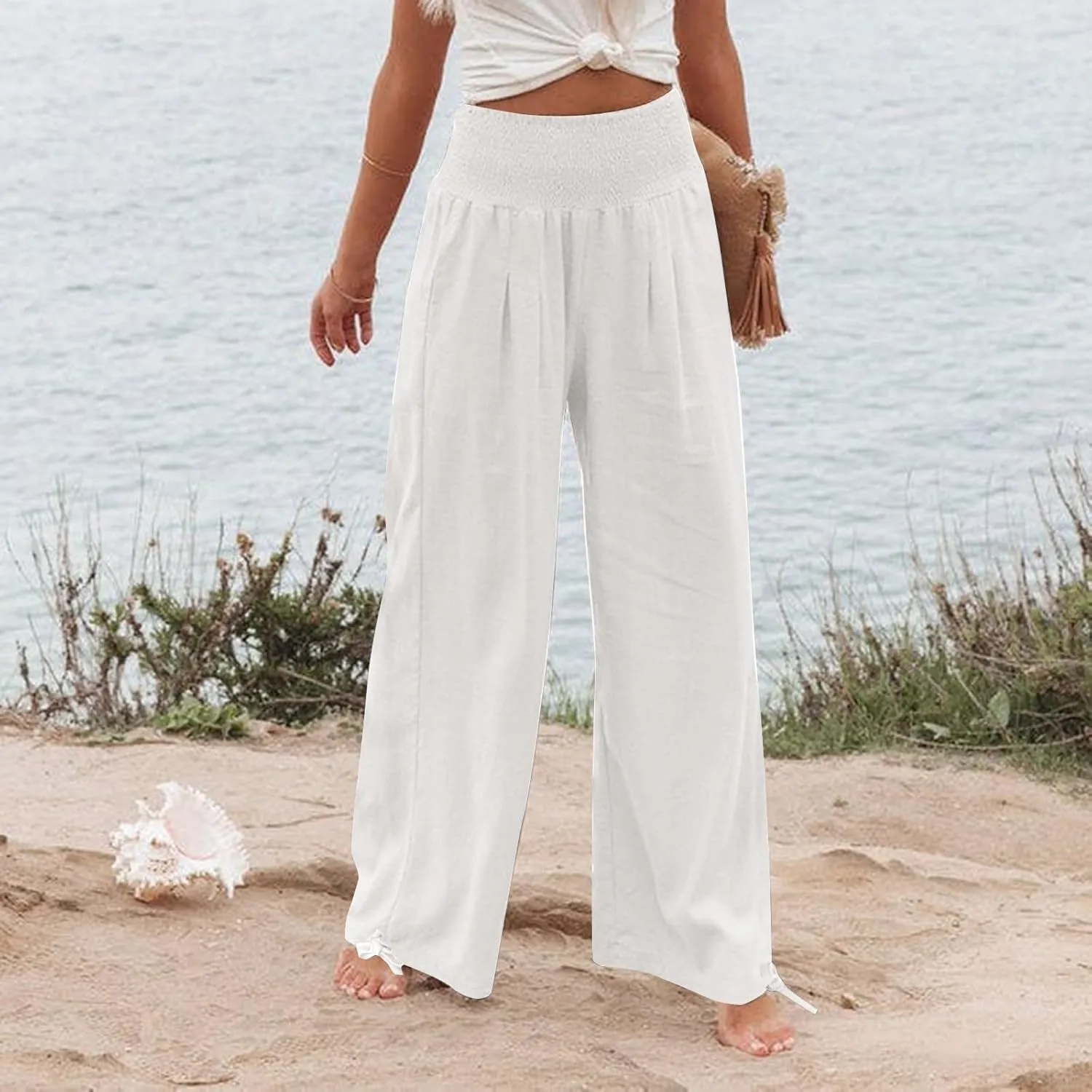 Womens Smocked High Waisted Linen Pants 2025 Casual Loose Wide Leg Palazzo Pants Flowy Beach Trousers with Pockets