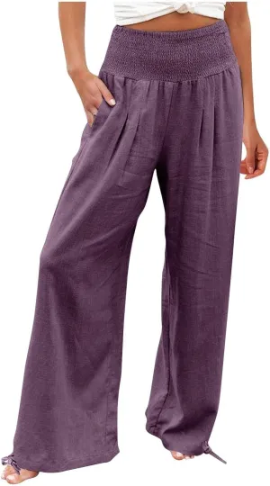 Womens Smocked High Waisted Linen Pants 2025 Casual Loose Wide Leg Palazzo Pants Flowy Beach Trousers with Pockets
