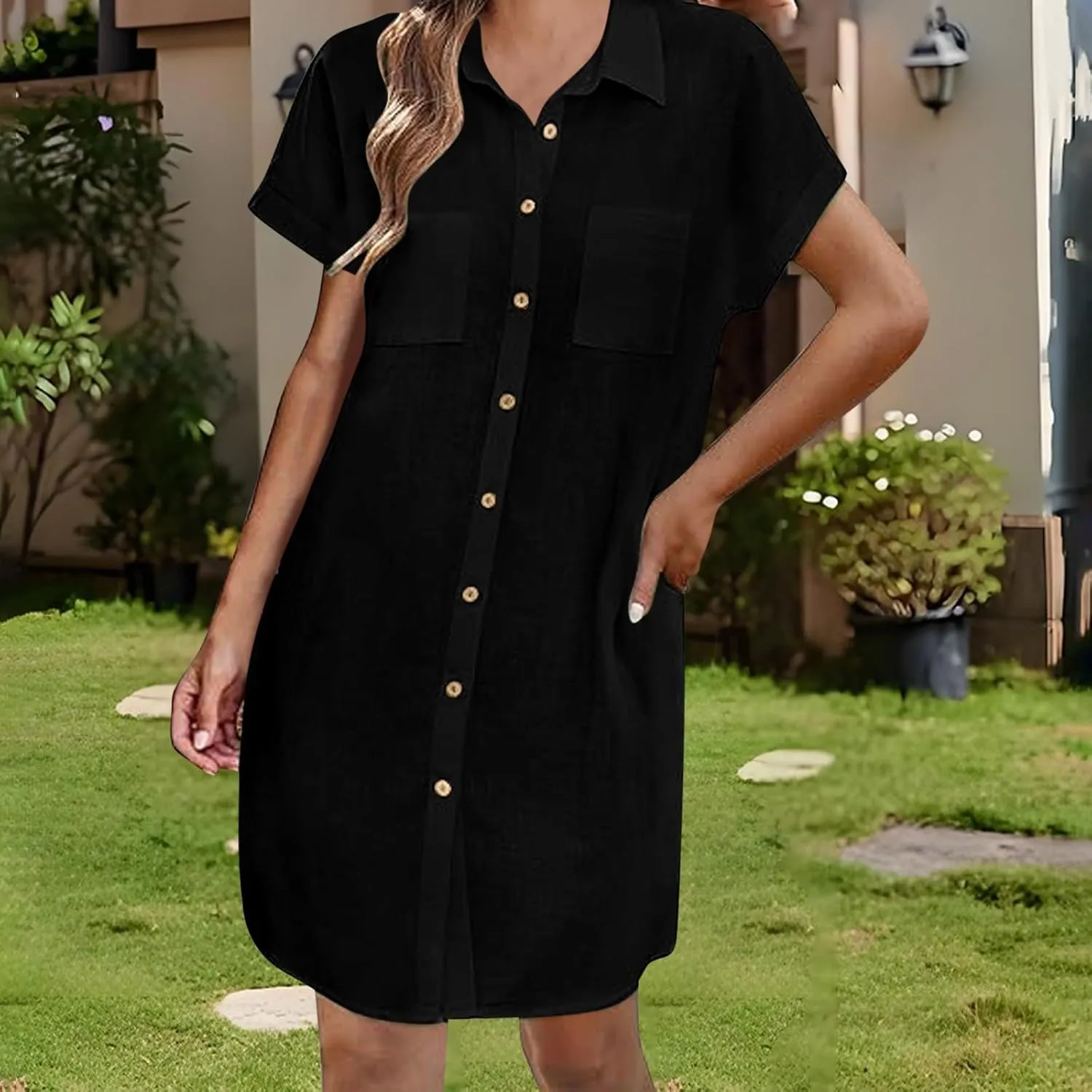 Women's Solid Color Loose Shirt Dresses Stand Up Collar Casual T Shirts Dress Pocket Button Short Sleeved Dresses