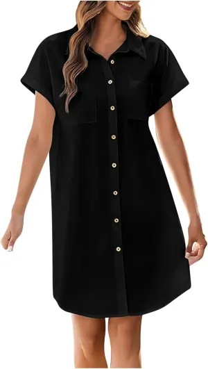 Women's Solid Color Loose Shirt Dresses Stand Up Collar Casual T Shirts Dress Pocket Button Short Sleeved Dresses