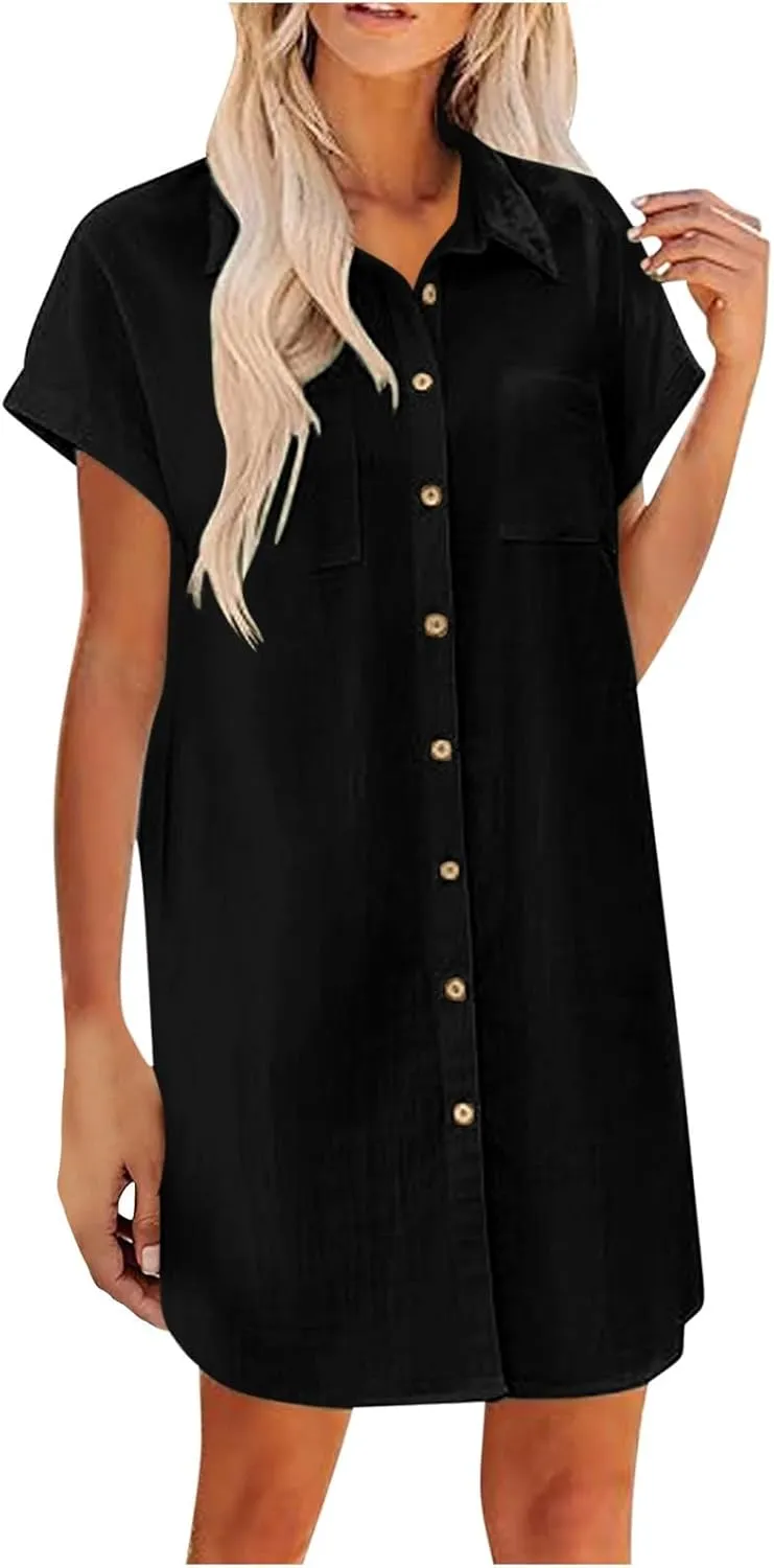 Women's Solid Color Loose Shirt Dresses Stand Up Collar Casual T Shirts Dress Pocket Button Short Sleeved Dresses