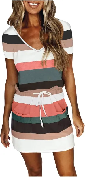 Women's Summer Casual Tank Dress Round-Neck Short Sleeve T-Shirts Dress Bandage Color Block Stripes Loose Sundresses
