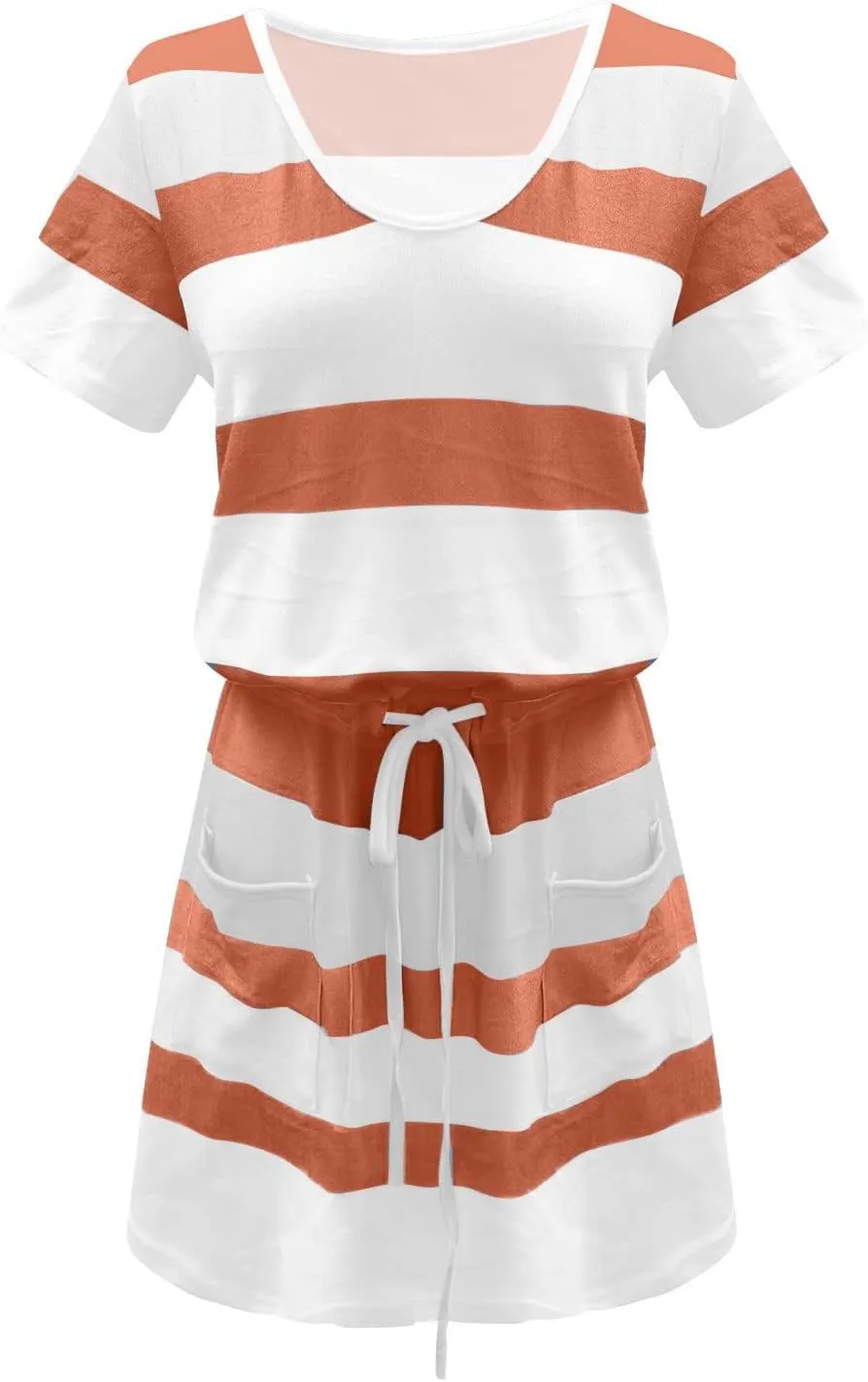 Women's Summer Casual Tank Dress Round-Neck Short Sleeve T-Shirts Dress Bandage Color Block Stripes Loose Sundresses