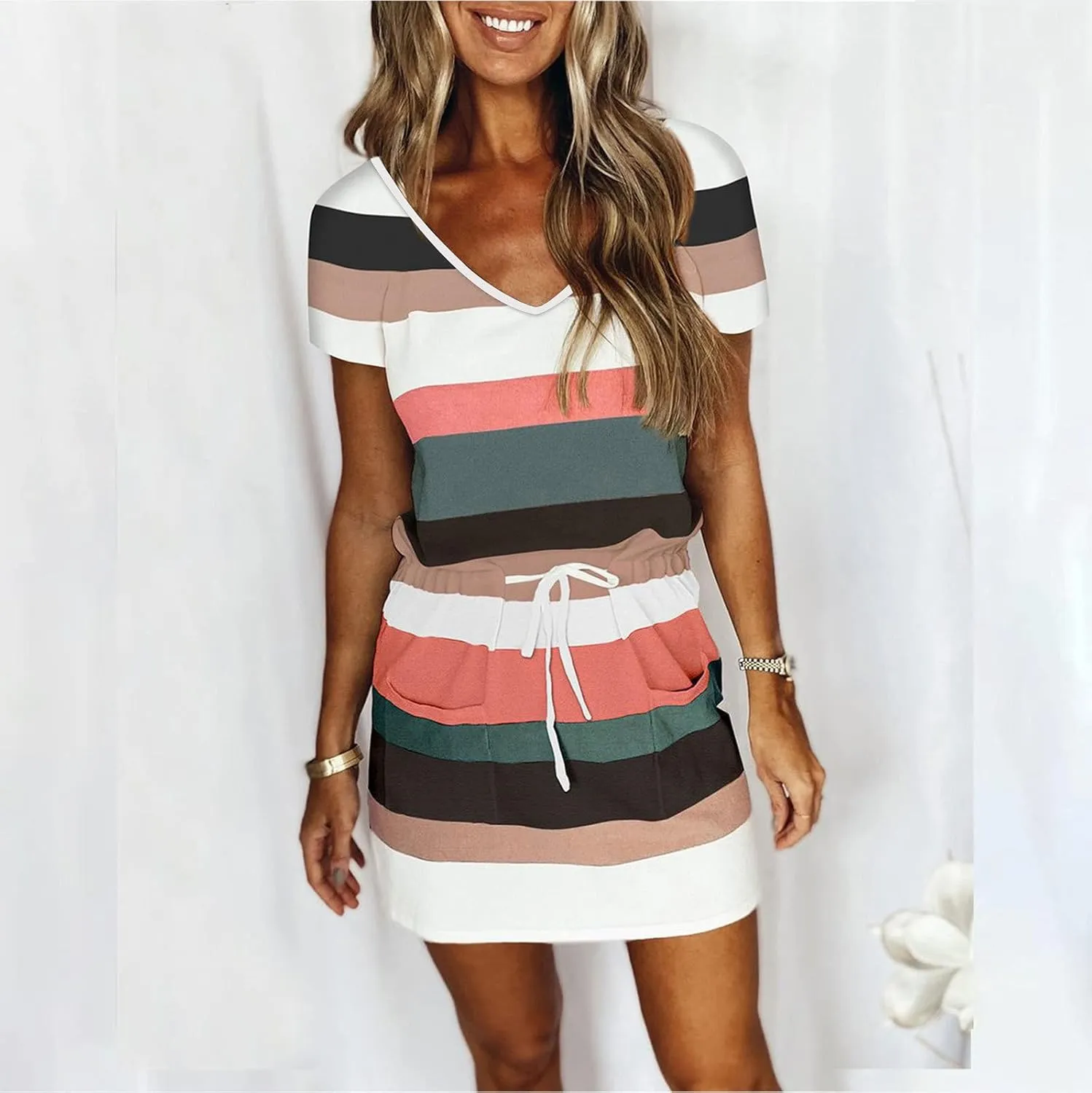 Women's Summer Casual Tank Dress Round-Neck Short Sleeve T-Shirts Dress Bandage Color Block Stripes Loose Sundresses