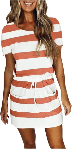 Women's Summer Casual Tank Dress Round-Neck Short Sleeve T-Shirts Dress Bandage Color Block Stripes Loose Sundresses