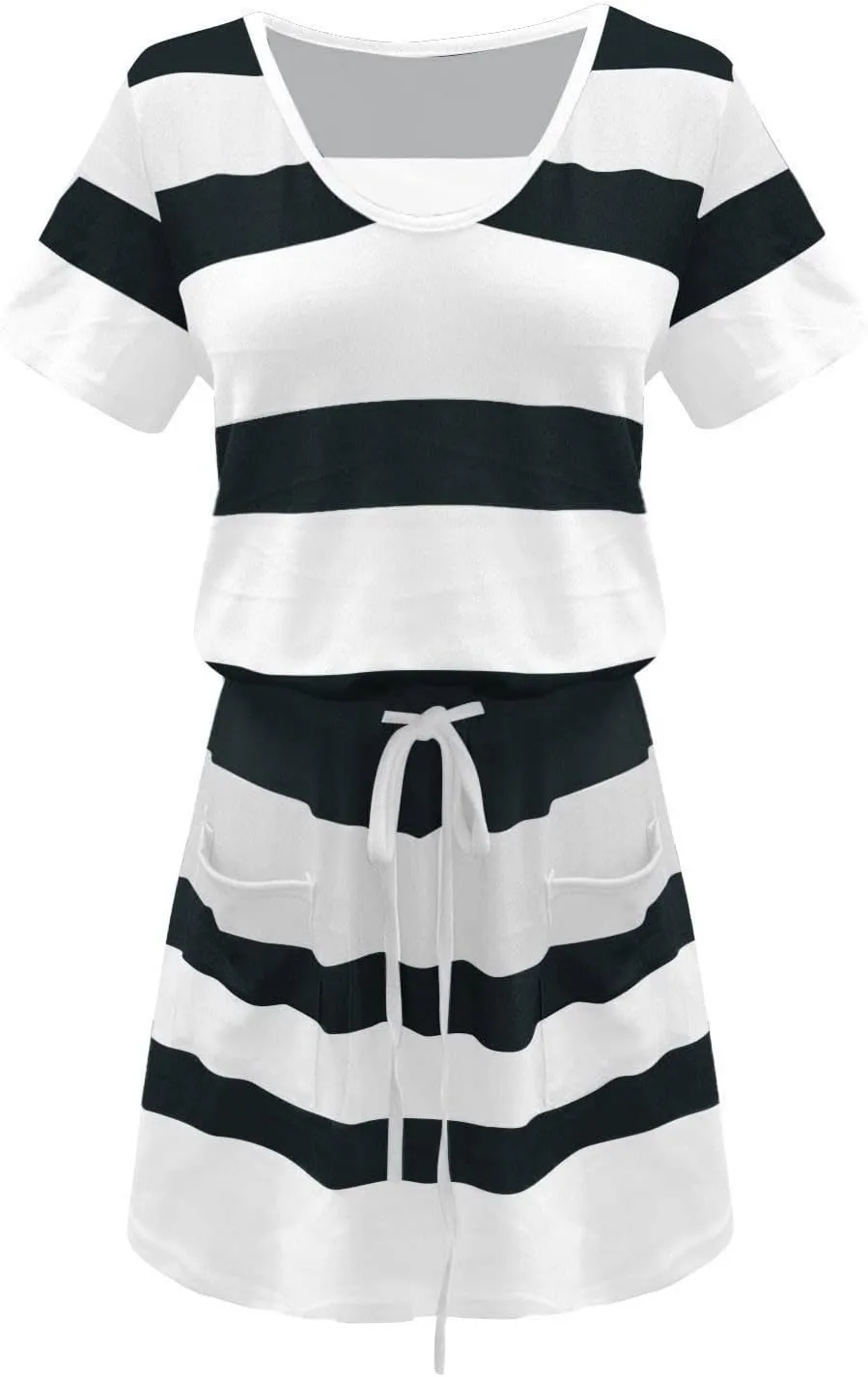 Women's Summer Casual Tank Dress Round-Neck Short Sleeve T-Shirts Dress Bandage Color Block Stripes Loose Sundresses