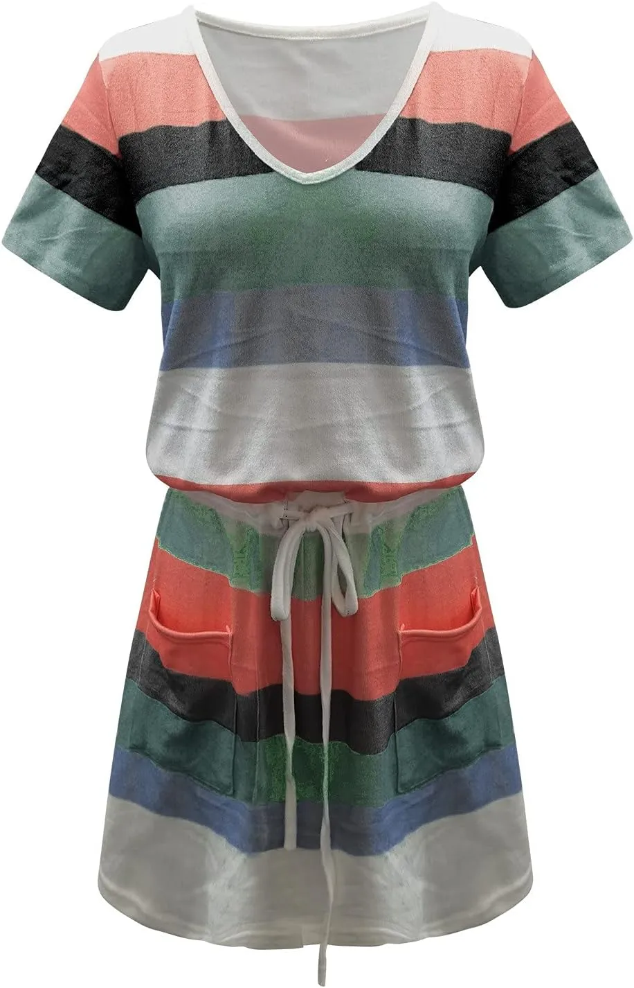 Women's Summer Casual Tank Dress Round-Neck Short Sleeve T-Shirts Dress Bandage Color Block Stripes Loose Sundresses