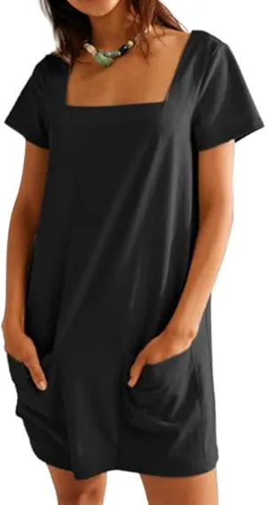 Womens Summer Dresses Trendy Square Neck Short Sleeve Mini Dresses Casual T Shirts Dress Loose Fit Sundress with Pockets