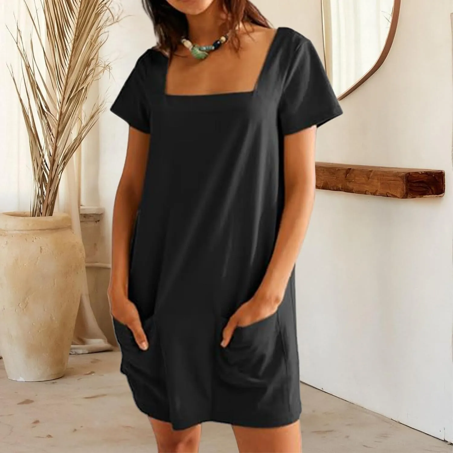 Womens Summer Dresses Trendy Square Neck Short Sleeve Mini Dresses Casual T Shirts Dress Loose Fit Sundress with Pockets