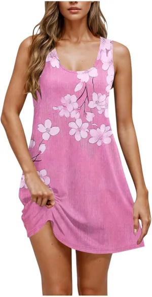 Women's Summer Dresses with Pockets Boho Floral T-Shirts Mini Dress Casual U Neck Loose Tank Dresses Swimsuit Coverup