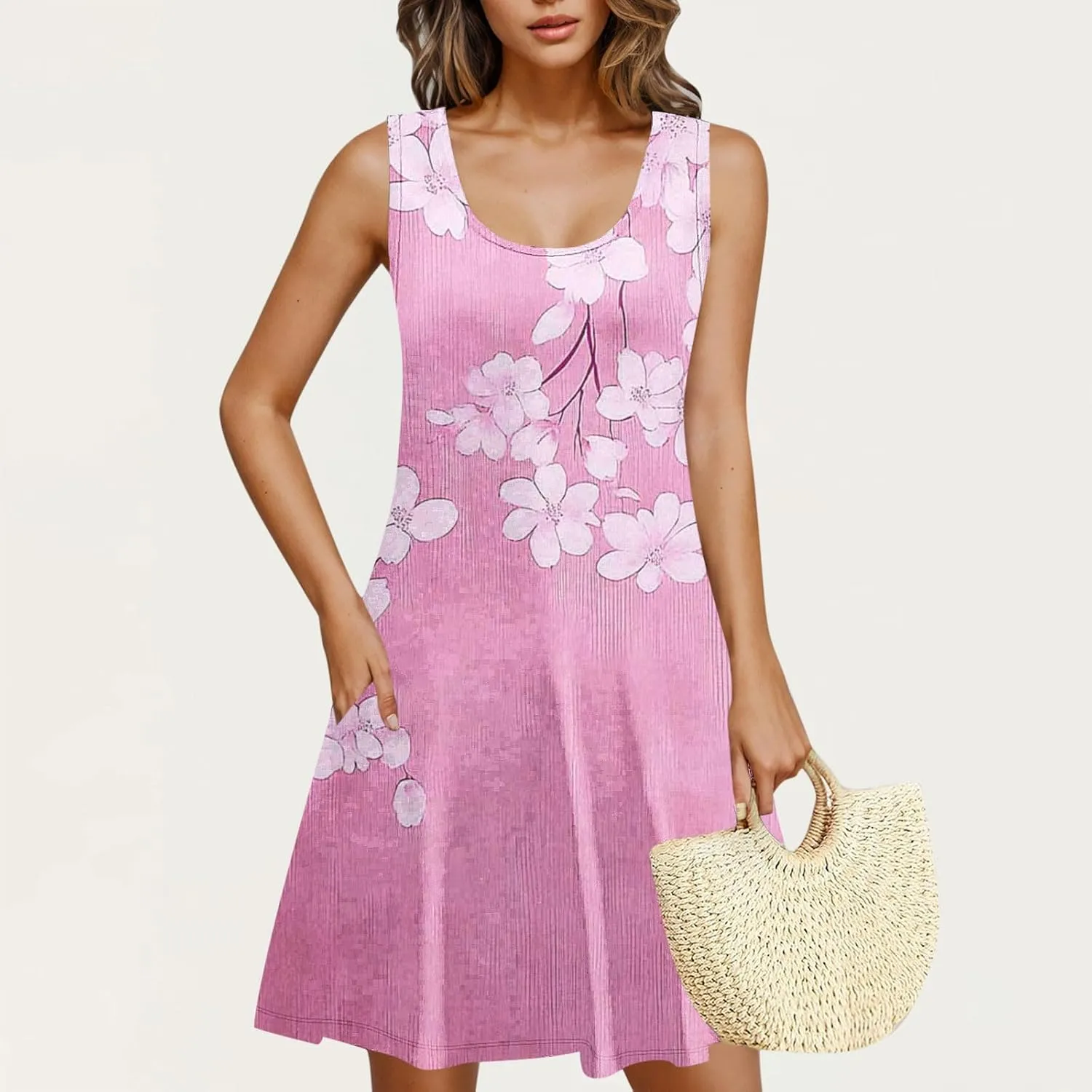 Women's Summer Dresses with Pockets Boho Floral T-Shirts Mini Dress Casual U Neck Loose Tank Dresses Swimsuit Coverup