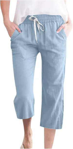 Womens Summer Linen Pants 2025 High Waisted Wide Leg Yoga Pants Lightweight Travel Loose Capris Cropped Trousers