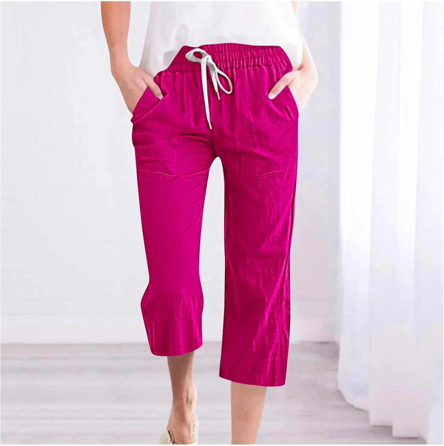Womens Summer Linen Pants 2025 High Waisted Wide Leg Yoga Pants Lightweight Travel Loose Capris Cropped Trousers