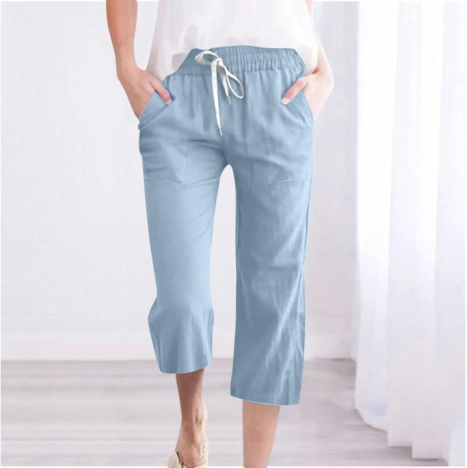 Womens Summer Linen Pants 2025 High Waisted Wide Leg Yoga Pants Lightweight Travel Loose Capris Cropped Trousers