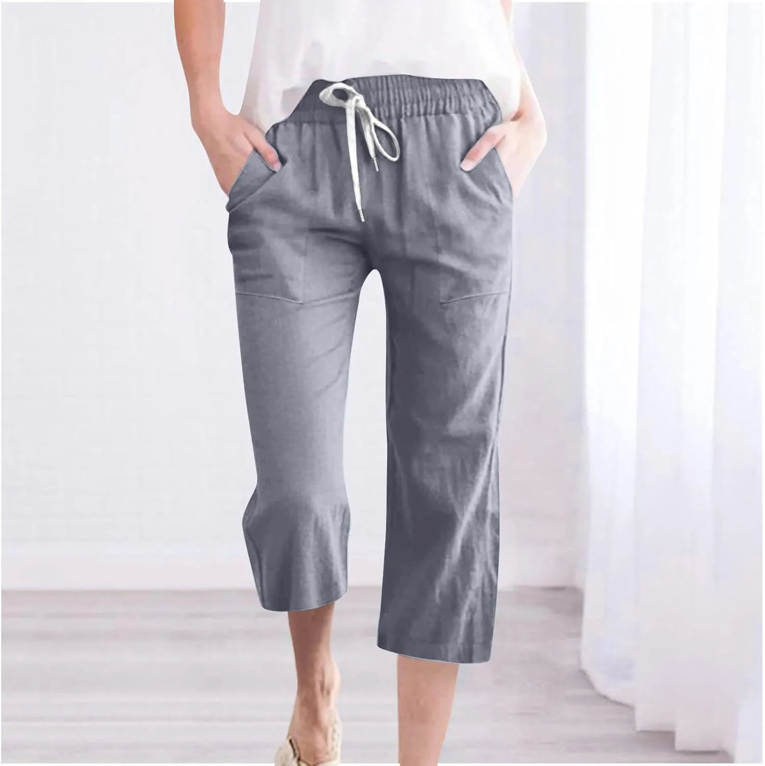 Womens Summer Linen Pants 2025 High Waisted Wide Leg Yoga Pants Lightweight Travel Loose Capris Cropped Trousers