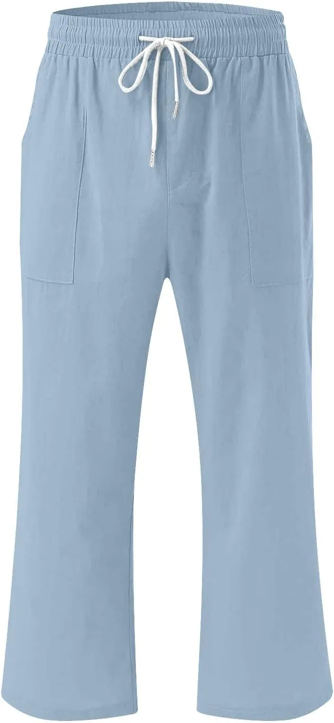 Womens Summer Linen Pants 2025 High Waisted Wide Leg Yoga Pants Lightweight Travel Loose Capris Cropped Trousers