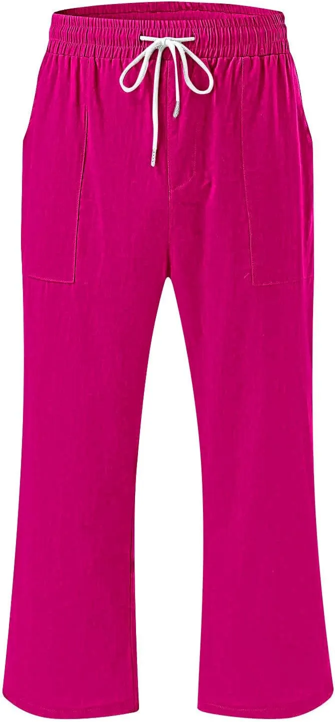 Womens Summer Linen Pants 2025 High Waisted Wide Leg Yoga Pants Lightweight Travel Loose Capris Cropped Trousers