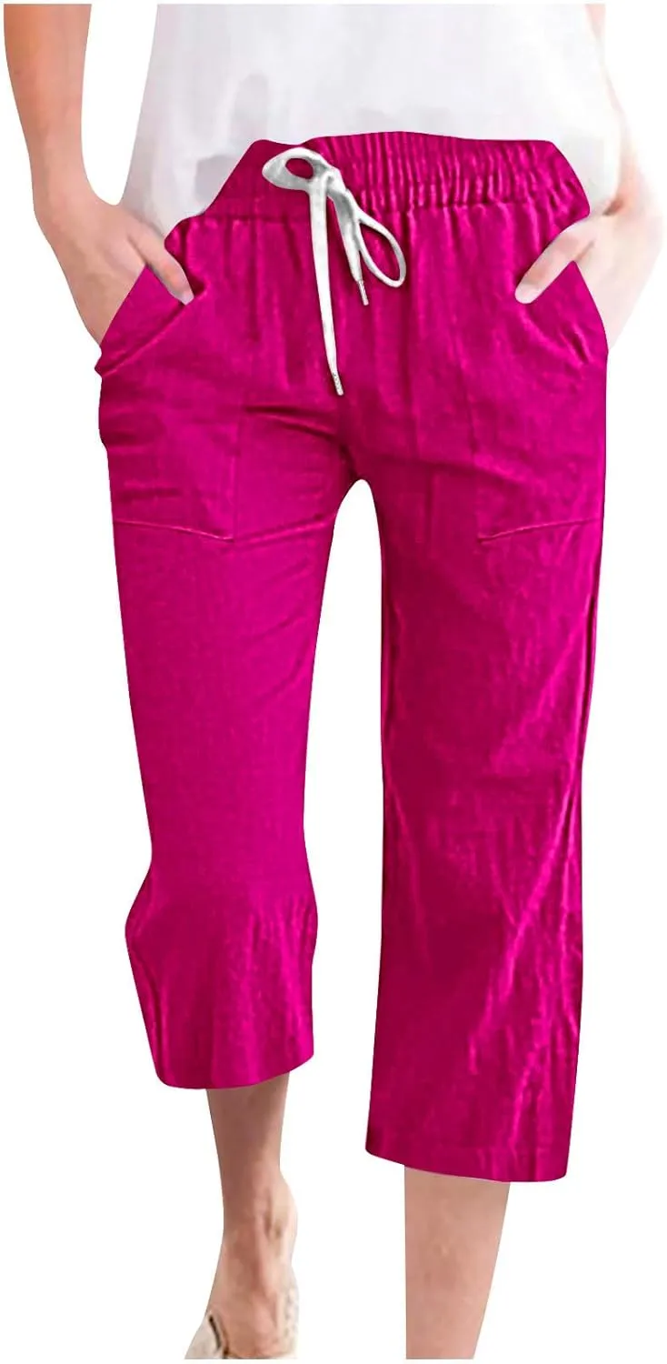 Womens Summer Linen Pants 2025 High Waisted Wide Leg Yoga Pants Lightweight Travel Loose Capris Cropped Trousers