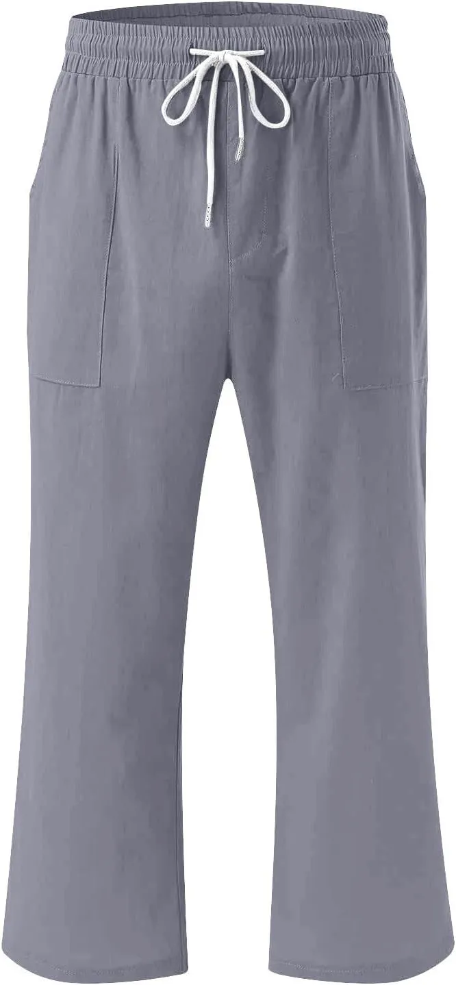 Womens Summer Linen Pants 2025 High Waisted Wide Leg Yoga Pants Lightweight Travel Loose Capris Cropped Trousers