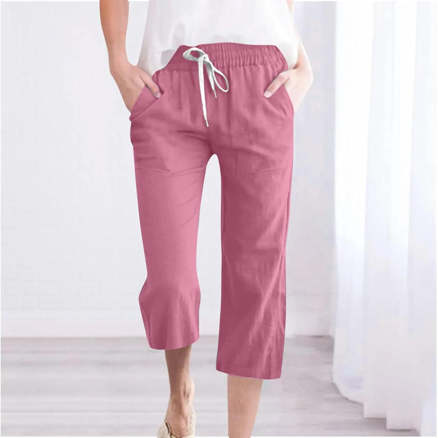Womens Summer Linen Pants 2025 High Waisted Wide Leg Yoga Pants Lightweight Travel Loose Capris Cropped Trousers