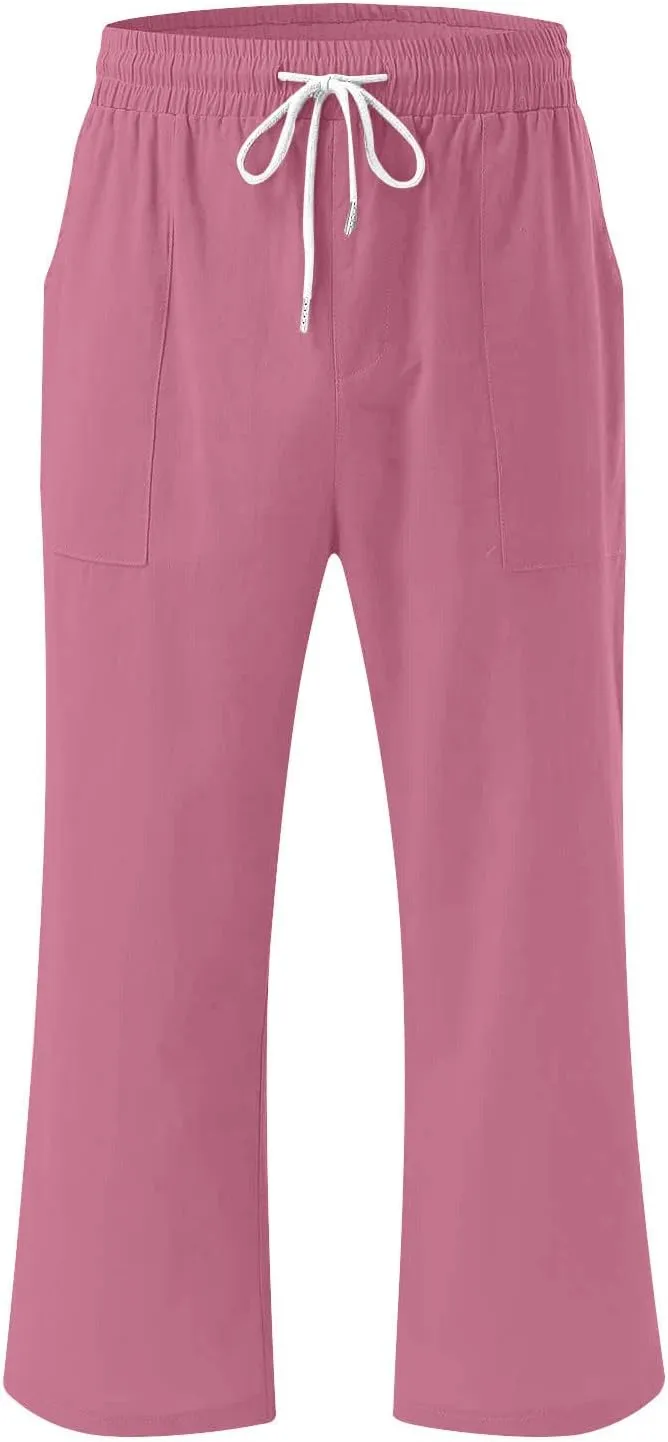Womens Summer Linen Pants 2025 High Waisted Wide Leg Yoga Pants Lightweight Travel Loose Capris Cropped Trousers