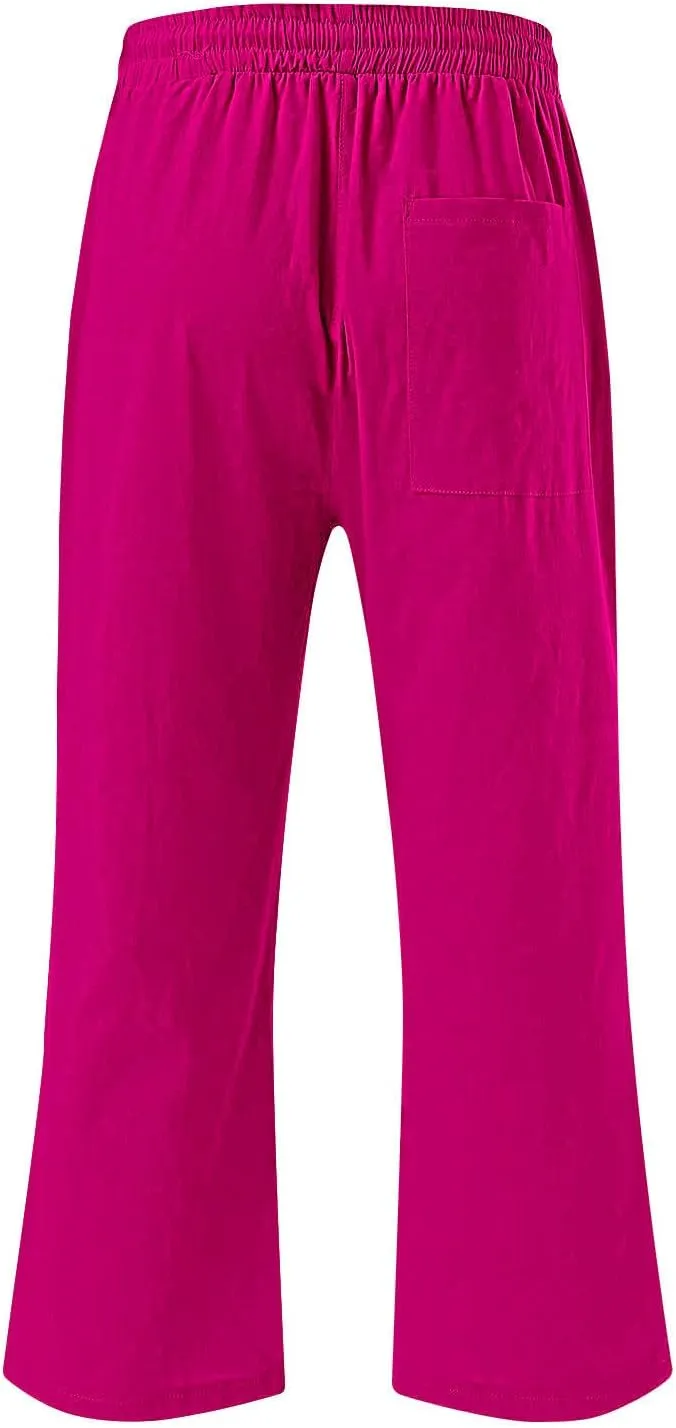 Womens Summer Linen Pants 2025 High Waisted Wide Leg Yoga Pants Lightweight Travel Loose Capris Cropped Trousers