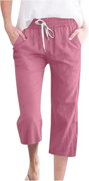 Womens Summer Linen Pants 2025 High Waisted Wide Leg Yoga Pants Lightweight Travel Loose Capris Cropped Trousers