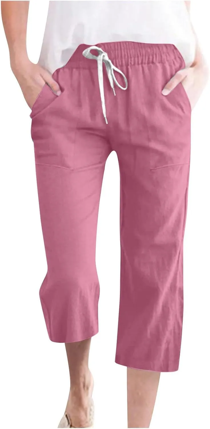 Womens Summer Linen Pants 2025 High Waisted Wide Leg Yoga Pants Lightweight Travel Loose Capris Cropped Trousers