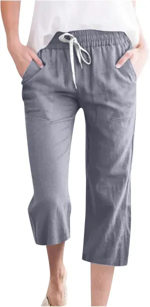Womens Summer Linen Pants 2025 High Waisted Wide Leg Yoga Pants Lightweight Travel Loose Capris Cropped Trousers