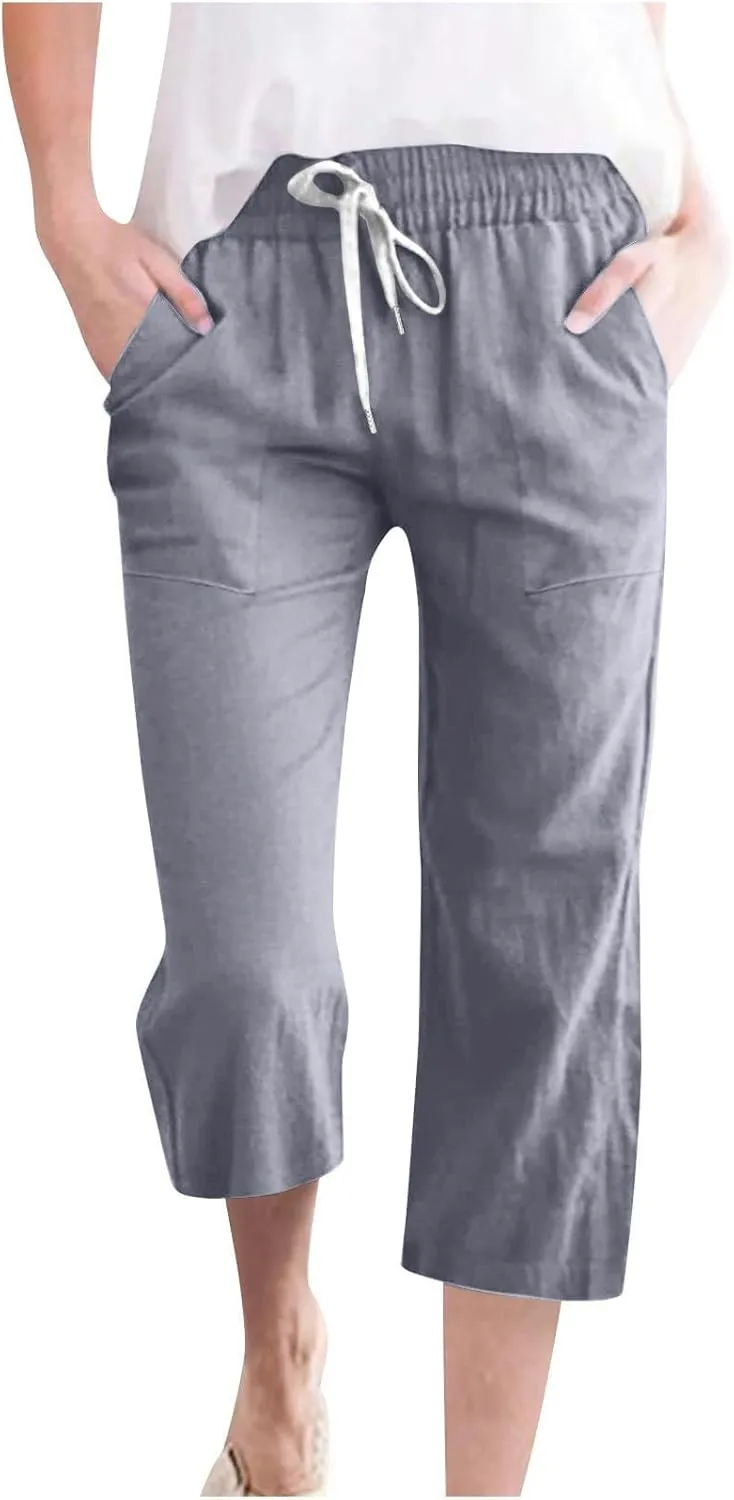 Womens Summer Linen Pants 2025 High Waisted Wide Leg Yoga Pants Lightweight Travel Loose Capris Cropped Trousers