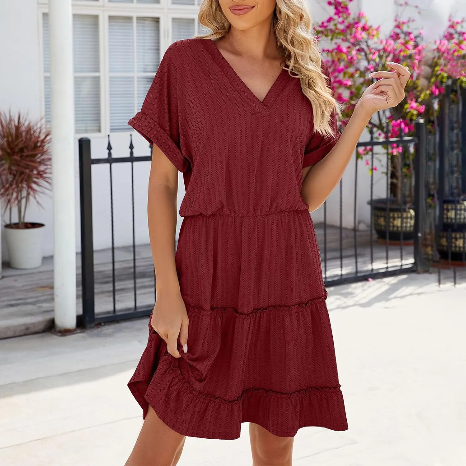 Womens Summer T Shirts Dresses Casual Roll Up Short Sleeve Trendy Textured Flowy Ruffle Tiered A Line Swing Mini Dress